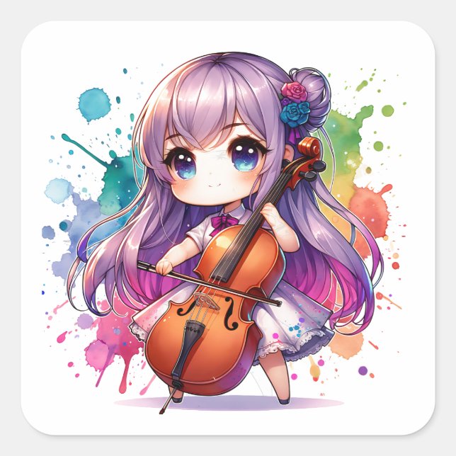 Cute Anime Girl Playing Cello Square Sticker (Front)