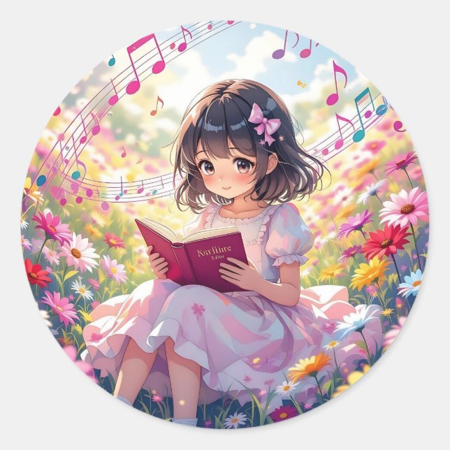 Cute Anime Girl Reading a Book Classic Round Sticker (Front)
