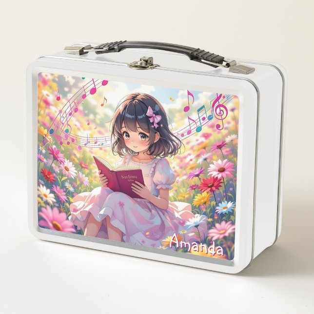 Cute Anime Girl Reading a Book Personalised Metal Lunch Box (Front)