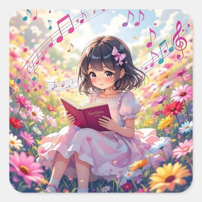 Cute Anime Girl Reading a Book Square Sticker (Front)