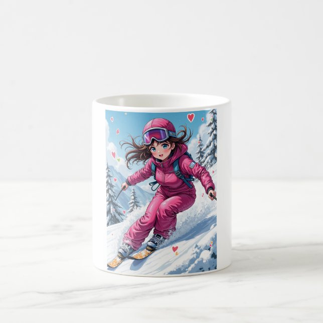 Cute Anime Girl Skiing | Winter Sports Coffee Mug (Center)