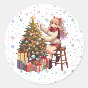Cute Anime girl trimming the tree Classic Round Sticker