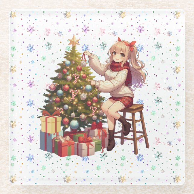 Cute Anime girl trimming the tree Glass Coaster (Front)