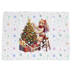 Cute Anime girl trimming the tree Large Gift Bag