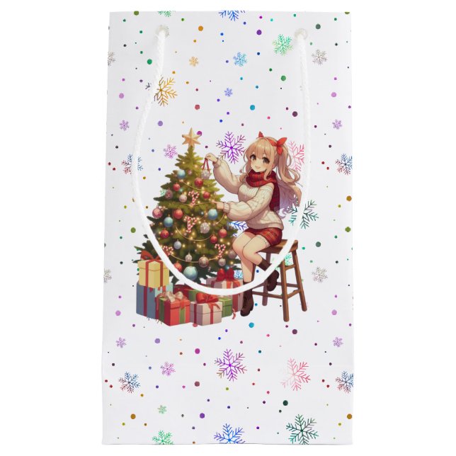Cute Anime girl trimming the tree Small Gift Bag (Front)