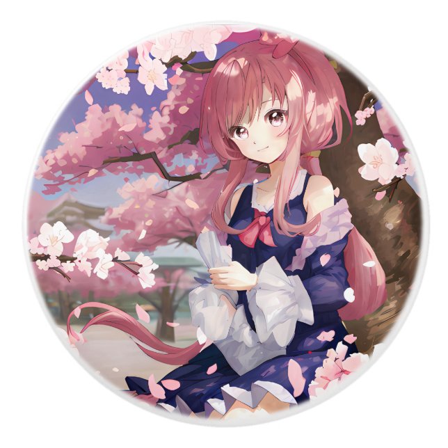 Cute Anime Girl Under A Cherry Blossom Tree Ceramic Knob (Front)