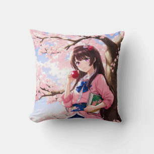 Cute Anime Girl Under A Cherry Blossom Tree Cushion