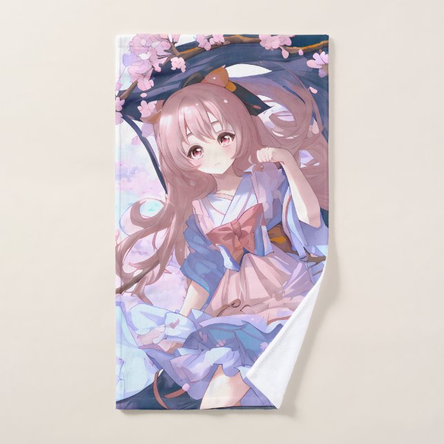 Cute Anime Girl Under A Cherry Blossom Tree Hand Towel (Hand Towel)