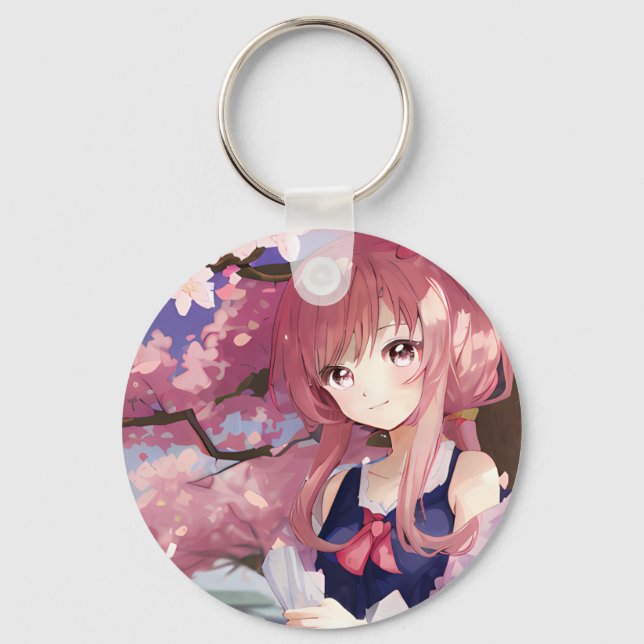 Cute Anime Girl Under A Cherry Blossom Tree Key Ring (Front)