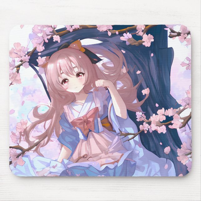 Cute Anime Girl Under A Cherry Blossom Tree Mouse Mat (Front)