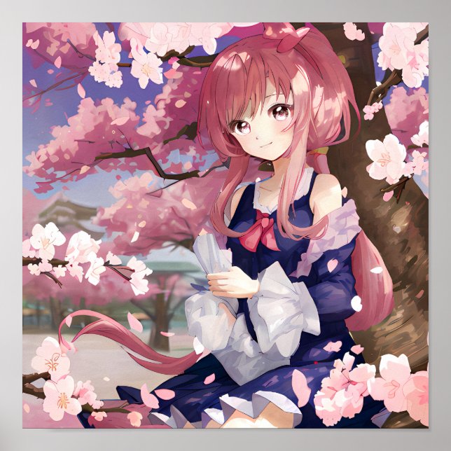Cute Anime Girl Under A Cherry Blossom Tree Poster (Front)
