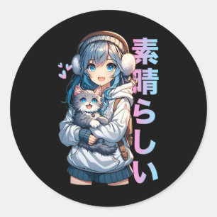 Cute Anime Girl With A Cat For Cat Lover Kawaii Ot Classic Round Sticker
