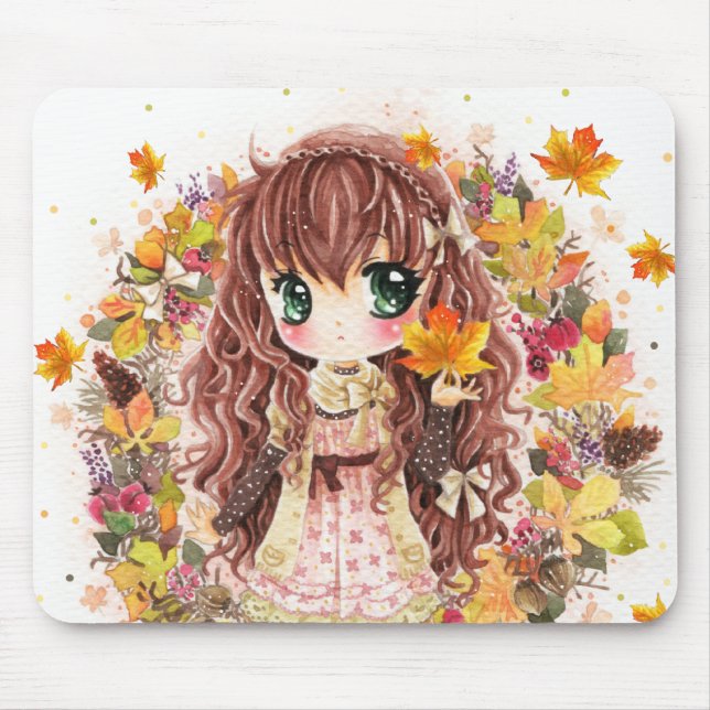 Cute anime girl with autumn leaves mouse mat (Front)