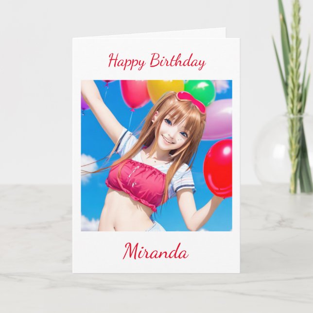 Cute Anime Girl with Balloon Birthday Card (Front)