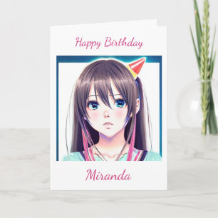 Cute Anime Girl with Birthday Hat Card