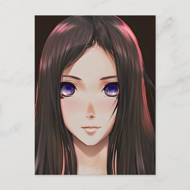 Cute Anime Girl with Brown Hair and Blue Eyes Postcard (Front)