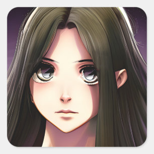 Cute Anime Girl with Brown Hair and Blue Eyes Square Sticker