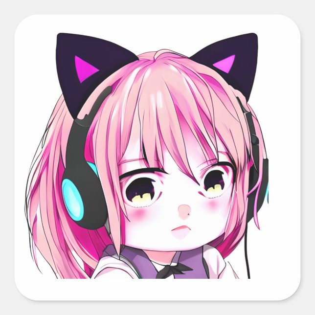 Cute Anime Girl with Cat Ears Square Sticker (Front)