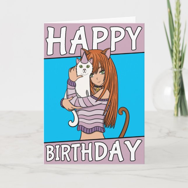 Cute Anime Girl With Cute Pet Card Birthday Card (Front)