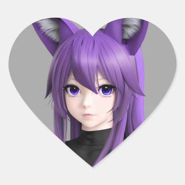 Cute Anime Girl with Fox Ears Heart Sticker (Front)