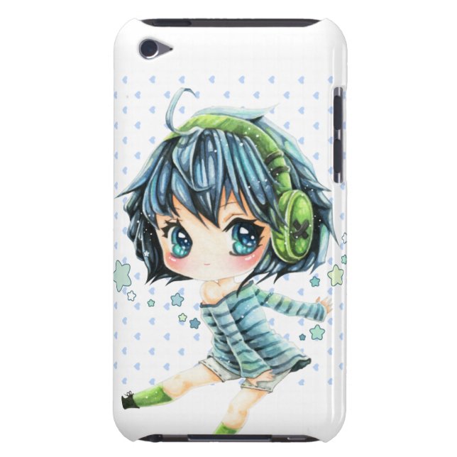 Cute anime girl with green headphone iPod touch cover (Back)