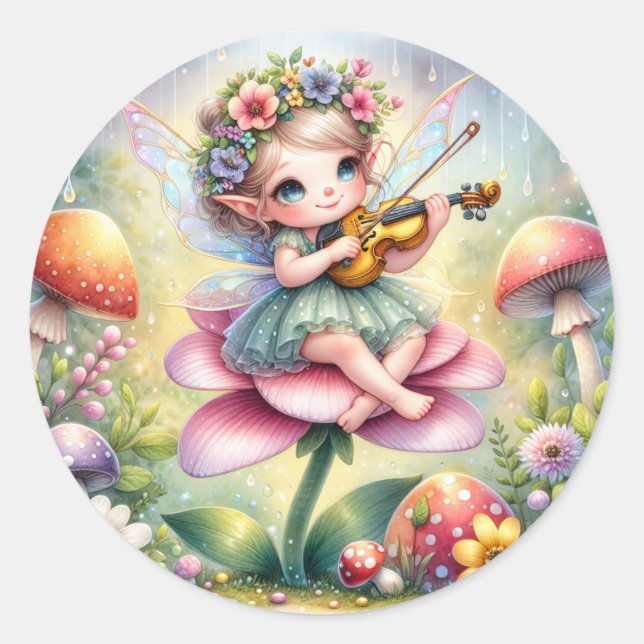 Cute Anime Girl with Violin on Mushroom  Classic Round Sticker (Front)