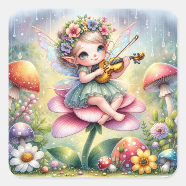 Cute Anime Girl with Violin on Mushroom  Square Sticker (Front)