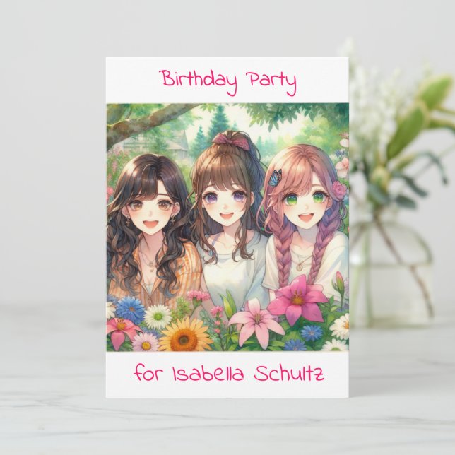 Cute Anime Girls Birthday Party Invitation (Standing Front)