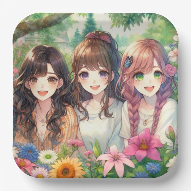 Cute Anime Girls Birthday Party Paper Plate (Front)