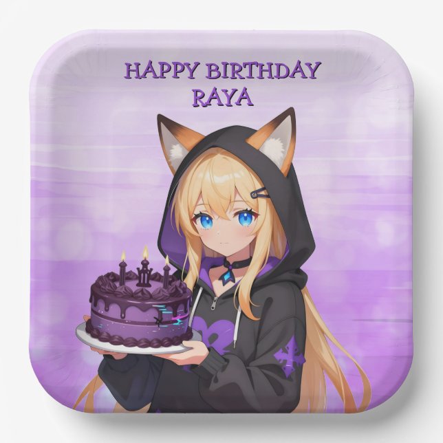 Cute Anime Girl's Birthday Party Paper Plate (Front)