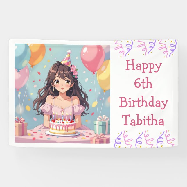 Cute Anime Girl's Birthday Party Personalised Banner (Horizontal)