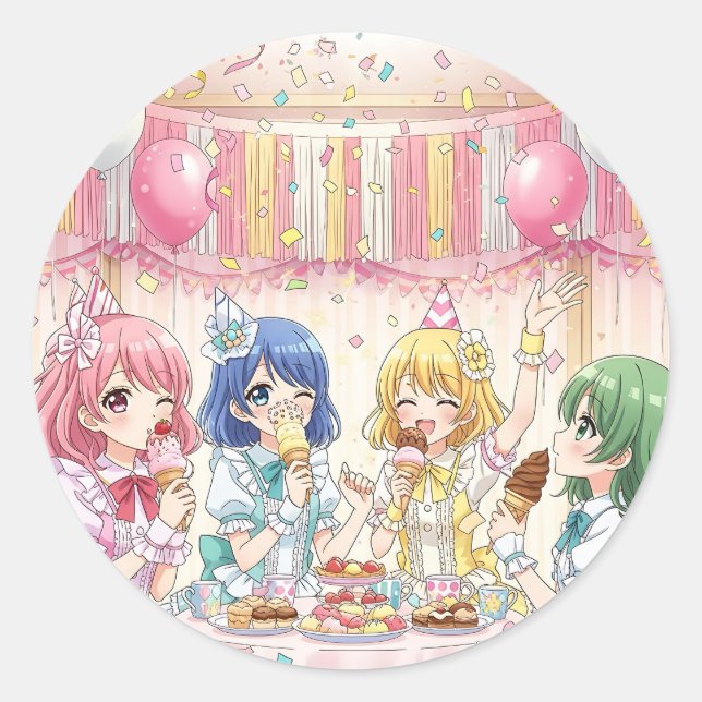 Cute Anime Girl's Ice Cream Birthday Party   Classic Round Sticker (Front)