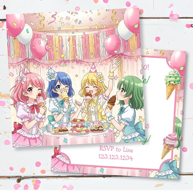 Cute Anime Girl's Ice Cream Birthday Party Invitation (Creator Uploaded)