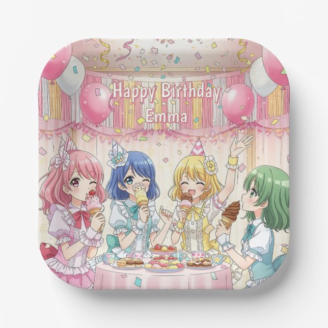Cute Anime Girl's Ice Cream Birthday Party   Paper Plate (Front)