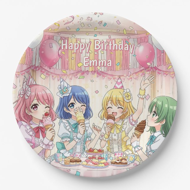 Cute Anime Girl's Ice Cream Birthday Party   Paper Plate (Front)