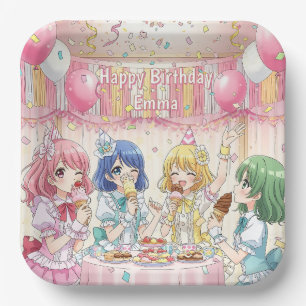 Cute Anime Girl's Ice Cream Birthday Party Paper Plate