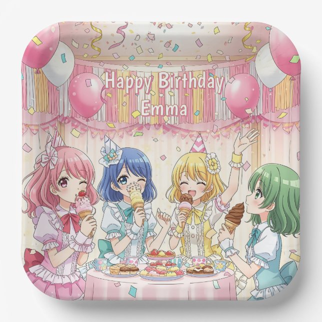 Cute Anime Girl's Ice Cream Birthday Party   Paper Plate (Front)