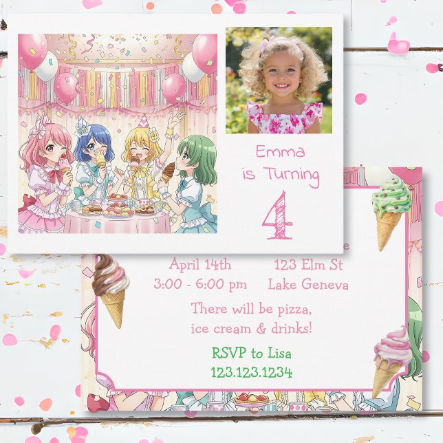 Cute Anime Girl's Ice Cream Birthday Party Photo Invitation (Creator Uploaded)