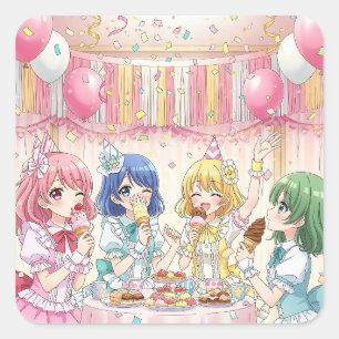 Cute Anime Girl's Ice Cream Birthday Party   Square Sticker