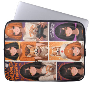 Cute Anime Halloween Collage Art Spooky Girls & Laptop Sleeve