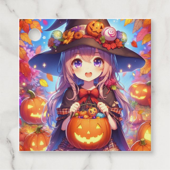 Cute Anime Halloween Witch Favour Tags (Front)