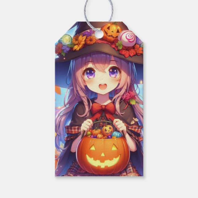 Cute Anime Halloween Witch Gift Tags (Front)