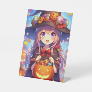 Cute Anime Halloween Witch Pedestal Sign
