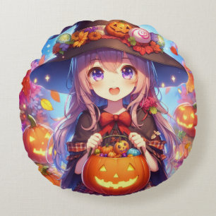 Cute Anime Halloween Witch Round Cushion