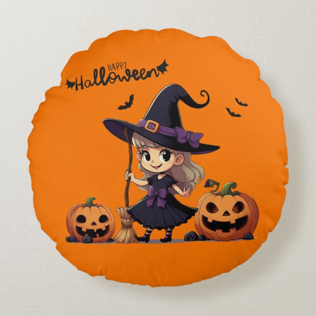 Cute, anime Halloween witch Round Cushion (Front)