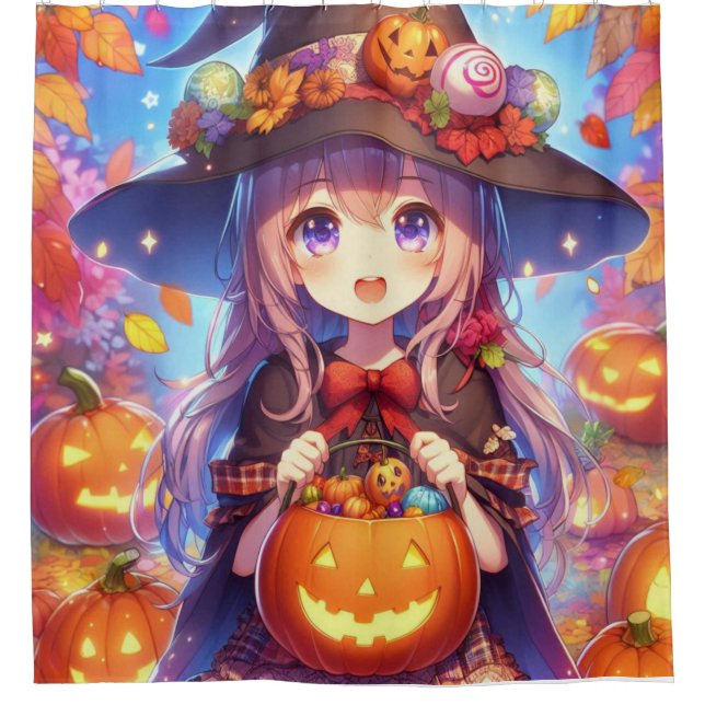 Cute Anime Halloween Witch Shower Curtain (Front)