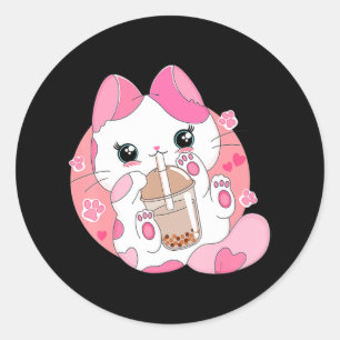 Cute Anime Kawaii Cat Boba Bubble Tea Girls Costum Classic Round Sticker