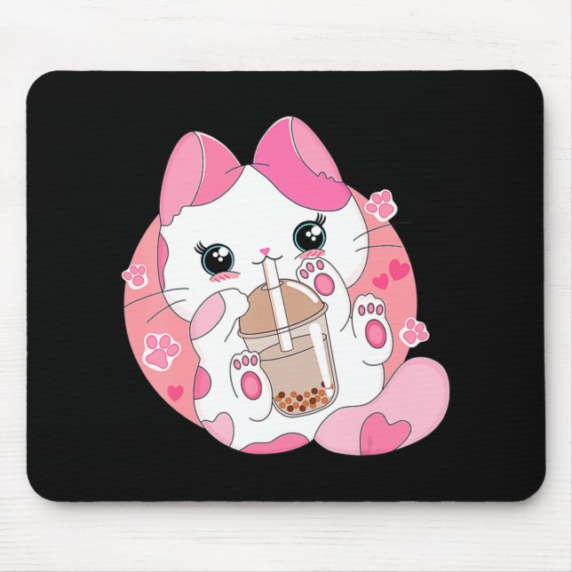 Cute Anime Kawaii Cat Boba Bubble Tea Girls Costum Mouse Mat (Front)