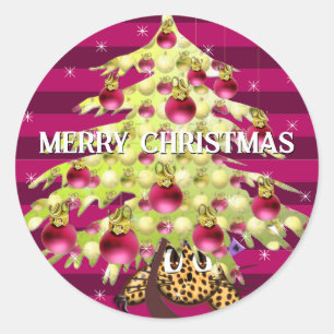 Cute Anime Leopard Under Lime Christmas Tree Classic Round Sticker