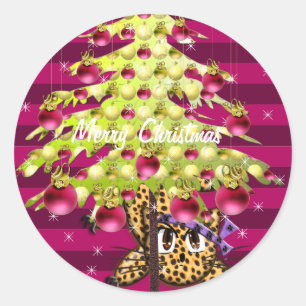 Cute Anime Leopard Under Lime Christmas Tree Classic Round Sticker